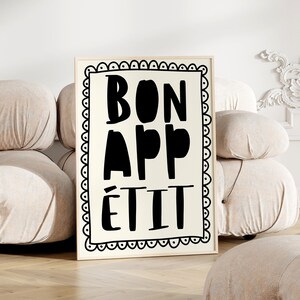 Bon Appetit Poster, Mid Century Typography Print, French Quote Poster, Black and white Kitchen Wall Art, Maximalist Kitchen Print, PRINTABLE