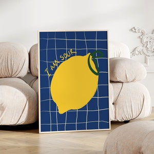 LEMON I Am Sour, Hand Drawn Fruits Kitchen decor, Modern Dining room print,Lime Abstract Art Print, Retro Lemons Kitchen Art Print