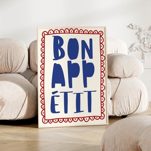 Bon Appetit Poster, Mid Century Typografie Print, Französisches Zitat Poster, Blaue und Rote Küchen Wandkunst, Maximalist Kitchen Print, DRUCKBAR