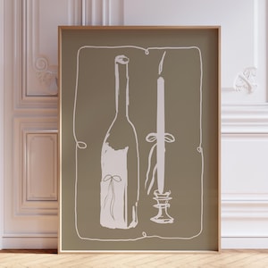 BEIGE WIJNKAARS champagne keukeninrichting, Frans ontbijt print, moderne eetkamer kunst aan de muur, handgetekende minimalistische voedselkunst, strikkunst