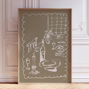 Groot formaat BEIGE wijn en kaas keukeninrichting, Frans ontbijt print, moderne eetkamer kunst aan de muur, handgetekende minimalistische voedselkunst, diner