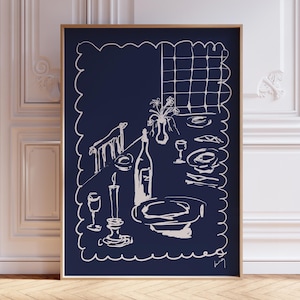 Groot formaat keukeninrichting BLAUWE wijn en kaas, Frans ontbijt print, moderne eetkamer kunst aan de muur, handgetekende minimalistische voedselkunst, diner