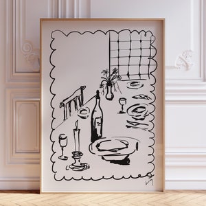 Groot formaat zwarte wijn en kaas keukeninrichting, Frans ontbijt print, moderne eetkamer kunst aan de muur, handgetekende minimalistische food Art, diner