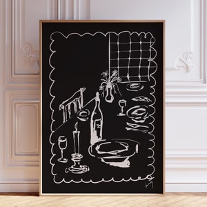 Groot formaat zwarte wijn en kaas keukeninrichting, Frans ontbijt print, moderne eetkamer kunst aan de muur, handgetekende minimalistische food Art, diner