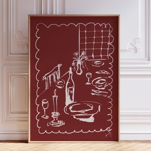 Retro RODE eettafel print, appartement decor, barwagen Art Print eten en drinken illustraties poster, maximalistische keuken galerij kunst aan de muur