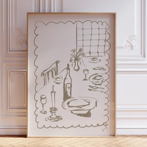 Groot formaat BEIGE wijn en kaas keukeninrichting, Frans ontbijt print, moderne eetkamer kunst aan de muur, handgetekende minimalistische voedselkunst, diner