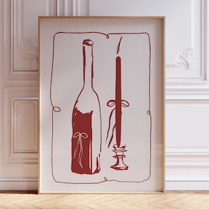 RODE WIJNKAARS Champagne keukendecor, Frans ontbijt print, moderne eetkamer kunst aan de muur, handgetekende minimalistische voedselkunst, strikkunst