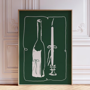 KAARS GROENE WIJN Champagne keukendecor, Frans ontbijt print, moderne eetkamer kunst aan de muur, handgetekende minimalistische voedselkunst, strikkunst