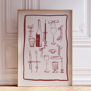 RODE wijn kaars champagne keuken decor, Frans ontbijt print, moderne eetkamer kunst aan de muur, handgetekende minimalistische voedselkunst, strikkunst