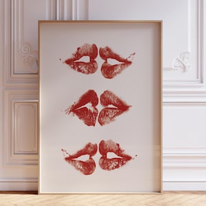 Trendy Lippenstift küsst Druck, rotes Mund küsst Plakat, Zungenkussdruck, KISS LIPS Trendy Retro Kiss Lips, Wohnungsästhetik