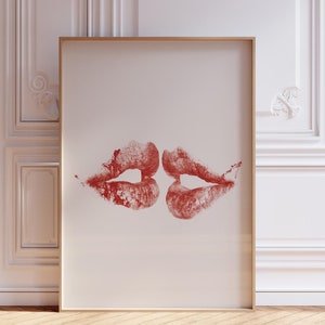 Trendy Lippenstift küsst Druck, rotes Mund küsst Plakat, Zungenkuss druck, KISS LIPS Trendy Retro Kusslippen, Wohnungsästhetik