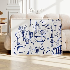 Groot formaat keukeninrichting BLAUWE wijn en kaas, HORIZONTAAL DINER print, moderne eetkamer kunst aan de muur, handgetekende minimalistische voedselkunst, diner