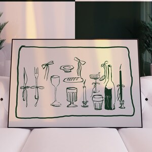 GROENE wijnkaars champagne keukeninrichting, Frans ontbijt print, moderne eetkamer kunst aan de muur, handgetekende minimalistische voedselkunst, strikkunst