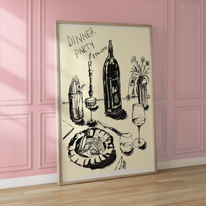 Dinner-Party Poster, Vintage Cocktail Poster, Retro Food Art, Barwagen Kunst, Wein Illustration, Nettes Poster Moderne Küchen Wandkunst, Auster