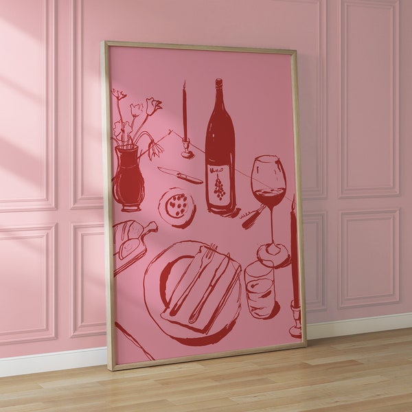 Dinner Party Art Print, Digital Download,Printable Art, Kitchen Art, Trendy Home Decor, Bar Cart Art, Wine Illustration, Cute Poster
