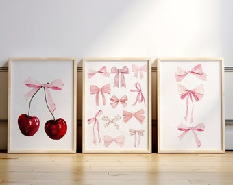 Coquette Pink Wall Art Prints: Bow & Cherry Decor (Set of 3) (Digital Download)