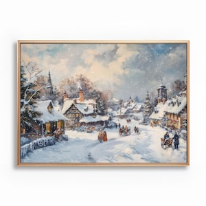 Snowy Christmas Village Print, Printable Vintage Christmas Wall Art, Winter Holiday Wall Decor, Digital Downloadable Prints