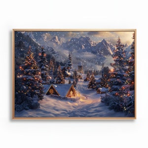 Snowy Christmas Village Print, Printable Vintage Christmas Wall Art, Winter Holiday Wall Decor, Digital Downloadable Prints