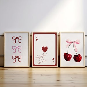 Conjunto de 3 impresiones estéticas de moda con diseño de coqueta rosa, decoración de pared con lazo, arte de pared con cerezas, póster de pared de moda con el síndrome de la chica afortunada, conjunto de pósteres estéticos
