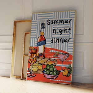 LETNIA KOLACJA NOCNA, Szampanowo-czerwona sztuka ścienna, Dekoracja dopaminowa, Plakat kuchenny, Plakat Summer House Vino Print, Nowoczesna sztuka ścienna do jadalni