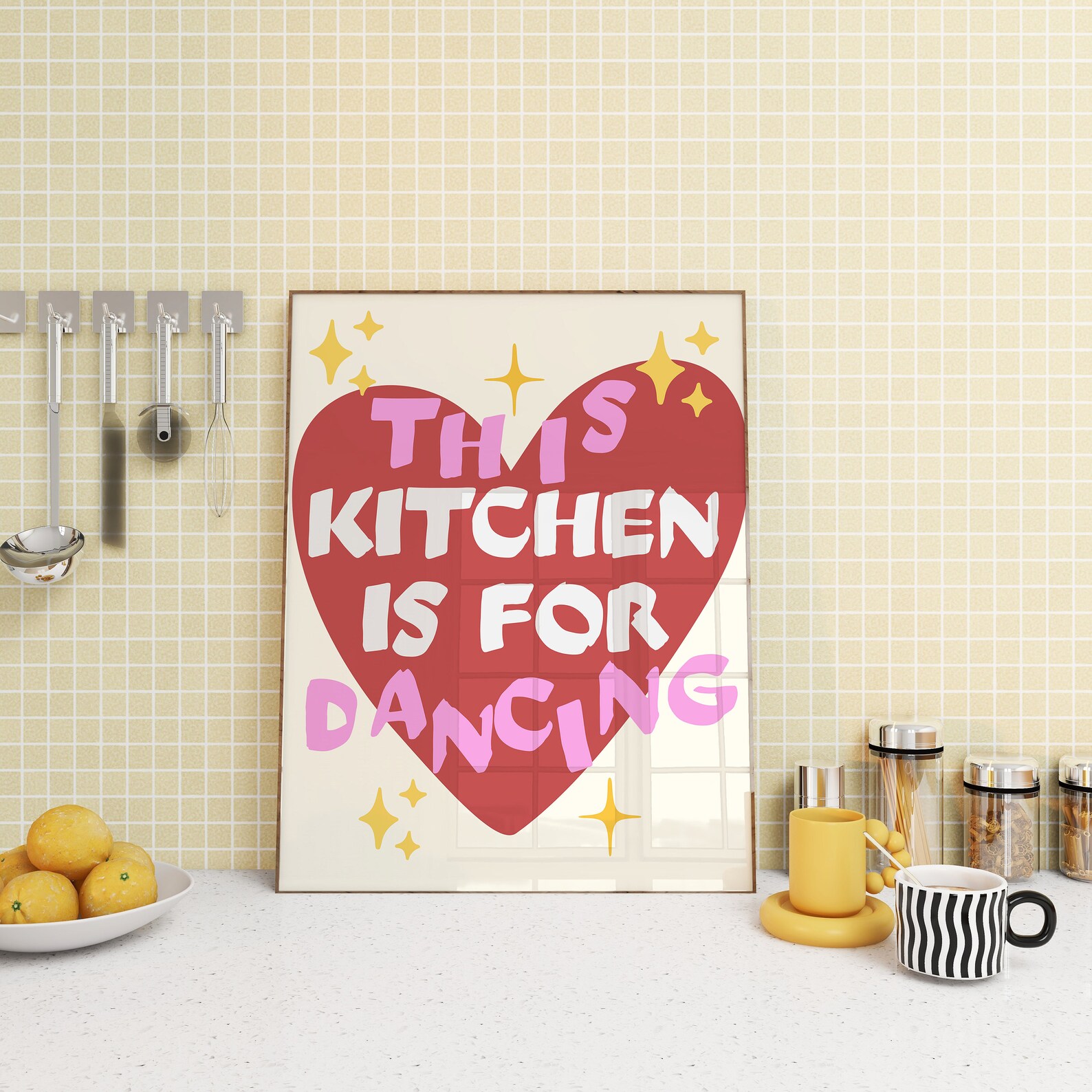 kitchen wall art set of 6 fun foodie prints this... This Kitchen is for Dancing Print: Retro Pink Kitchen Art (digital ...