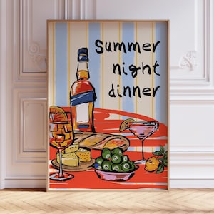 LETNIA KOLACJA NOCNA, Szampanowo-czerwona sztuka ścienna, Dekoracja dopaminowa, Plakat kuchenny, Plakat Summer House Vino Print, Nowoczesna sztuka ścienna do jadalni