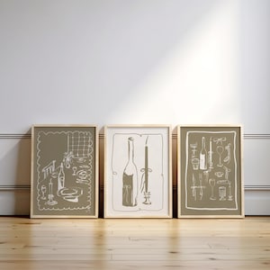 BEIGE wijn kaars champagne SET VAN 3 keukendecor, Frans ontbijt print, moderne eetkamer kunst aan de muur, handgetekende minimalistische voedselkunst
