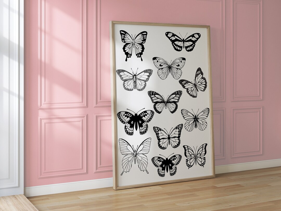 BLACK White BUTTERFLY Wall Art, Preppy Room Decor for Teens, Cute