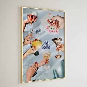 WOMEN PLAYING POKER and Drinking Night Card Galry Wall Print, Blue Retro Poker Card Print, Trendy Bar Cart Large Art Decor, Instant Download