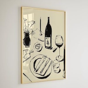 DINERFEEST zwarte wijn en kaas keukendecor, Frans ontbijt print, moderne eetkamer kunst aan de muur, handgetekende minimalistische food art, chef-kok