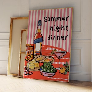 LETNIA KOLACJA NOCNA, Szampanowo-czerwona sztuka ścienna, Dekoracja dopaminowa, Plakat kuchenny, Plakat Summer House Vino Print, Nowoczesna sztuka ścienna do jadalni