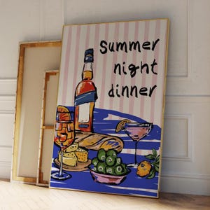 LETNIA KOLACJA NOCNA, Szampanowo-czerwona sztuka ścienna, Dekoracja dopaminowa, Plakat kuchenny, Plakat Summer House Vino Print, Nowoczesna sztuka ścienna do jadalni