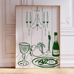 DINERFEEST GROEN champagne en kaas keukendecor, Frans ontbijt print, moderne eetkamer kunst aan de muur, handgetekende minimalistische voedselkunst