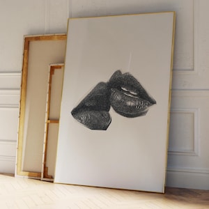 Trendy Lippenstift küsst Druck, SCHWARZE Mund küsst Plakat, Zungenkuss Druck, KISS LIPS Trendy Retro Kuss Lippen, Wohnung Ästhetik