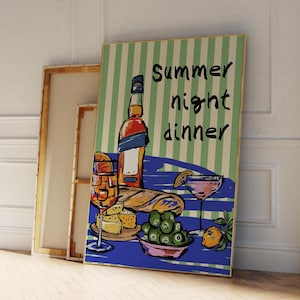 LETNIA KOLACJA NOCNA, Szampanowo-czerwona sztuka ścienna, Dekoracja dopaminowa, Plakat kuchenny, Plakat Summer House Vino Print, Nowoczesna sztuka ścienna do jadalni