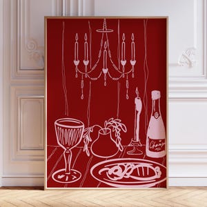 DINERFEEST roze rode champagne en kaas keukendecor, Frans ontbijt print, moderne eetkamer kunst aan de muur, handgetekende minimalistische voedselkunst