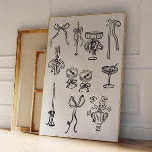 Plakat z ilustracją jedzenia i napojów, KOKARDA, ŚWIECA, MARTINI, Kwiatowa maksymalistyczna galeria ścienna do kuchni, Wystrój apartamentu, Wydruk artystyczny na wózku barowym