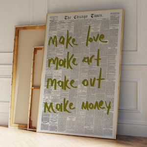 Green MAKE LOVE, ART, money, out Wall Art, Trendy Wall Art, Retro Newspaper Print, Home Aesthetic, Printable Wall Art, Preppy Poster, Love