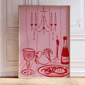 DINERFEEST rood roze champagne en kaas keukendecor, Frans ontbijt print, moderne eetkamer kunst aan de muur, handgetekende minimalistische voedselkunst