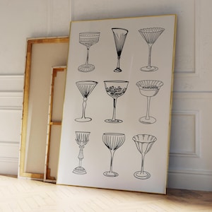 Cocktail Gläser Illustration Poster, SCHLEIFE, KERZE, MARTINI, Blume Maximalist Küche Galerie Wand Kunst, Wohnung Dekor, Barwagen Kunstdruck