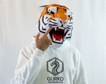 Angry Tiger mask Papercraft, Pdf, Gurko, 3D Origami, Paper Sculpture, Low Poly, pepakura, Craft, DIY origami Papercrafting, DIY Home Decor