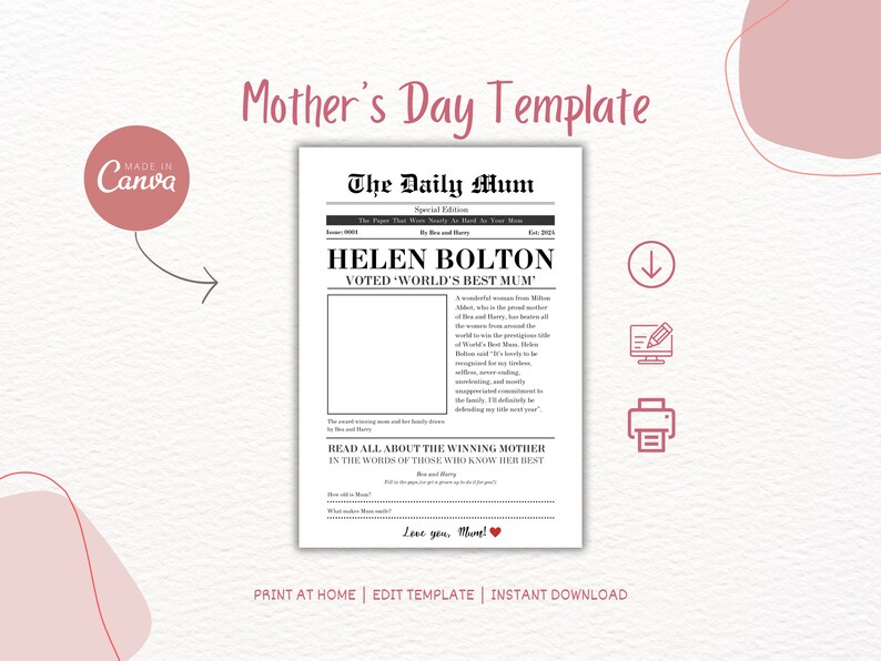 Printable Mother's Day Newspaper Mother's Day Gift CANVA Template ...