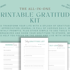 Kit de gratitud todo en uno para reflexión y agradecimiento / Diario y planificador de descarga instantánea / 18 páginas