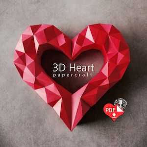 Modello PDF per cuore in carta 3D, PDF Cricut per scultura fai da te a forma di cuore in poligono basso, creazione di carta a forma di cuore da parete per San Valentino, origami
