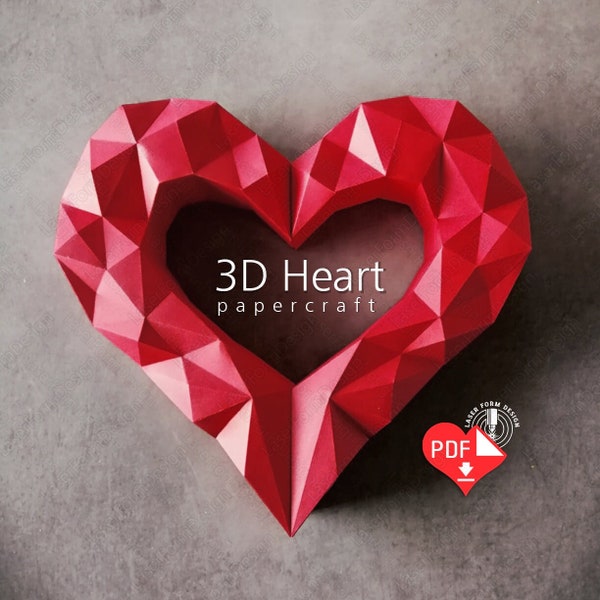 3D papercraft heart PDF template, Cricut PDF for DIY Low Poly Heart Sculpture, Wall Heart Paper Craft for Valentine's Day, Origami