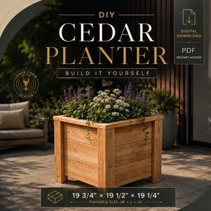 May include: A square cedar planter filled with white and purple flowers. The image includes text: DIY CEDAR PLANTER, BUILD IT YOURSELF, DIGITAL DOWNLOAD, PDF INSTANT ACCESS, LASER FORM DESIGN, and finished size 19 3/4" x 19 1/2" x 19 1/4".