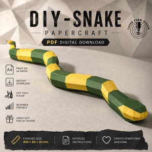 May include: A DIY snake papercraft digital download featuring a geometric, segmented body with alternating yellow and dark green sections. The text reads DIY-SNAKE PAPERCRAFT, PDF DIGITAL DOWNLOAD, and finished size 800 x 80 x 30 mm.