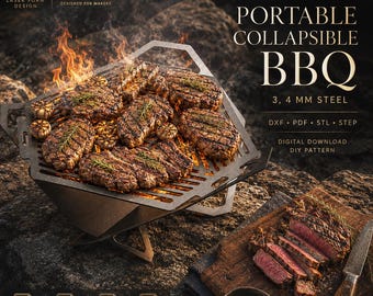 Op de afbeelding: Een draagbare inklapbare BBQ-grill van 3 en 4 mm staal, met een zeshoekig ontwerp, gegrilde steaks en knoflook. De afbeelding bevat de tekst: Portable Collapsible BBQ, 3, 4 mm steel, DXF, PDF, STL, STEP, Laser Form Design, Premium Digital Product.