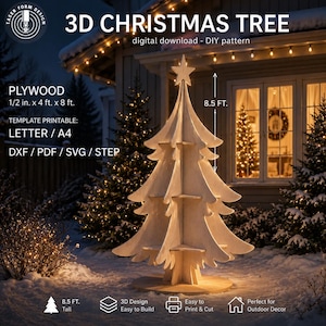 Può includere: Un modello digitale 3D di albero di Natale per compensato da 1,27 cm x 122 cm x 244 cm. Il modello è stampabile in formato Letter o A4 e include file DXF, PDF, SVG e STEP. L'albero finito è alto 2,59 metri.