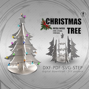 May include: A 3D model of a Christmas tree with lights, ready to be cut out and assembled. The design is available in DXF, PDF, SVG, and STEP formats. The tree is made of metal or wood and measures 2.66, 3, or 4 mm thick, or 7/64 inch.